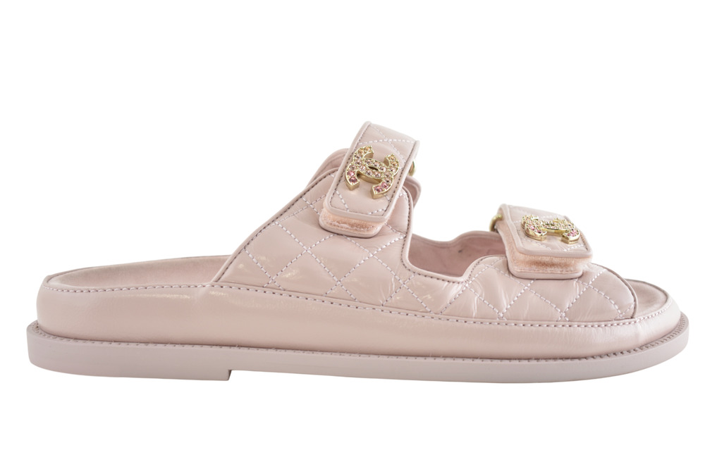 Chanel 25P Light Pink CC Crystal Logo Mule Slide Backless Dad Sandal Flat 40
